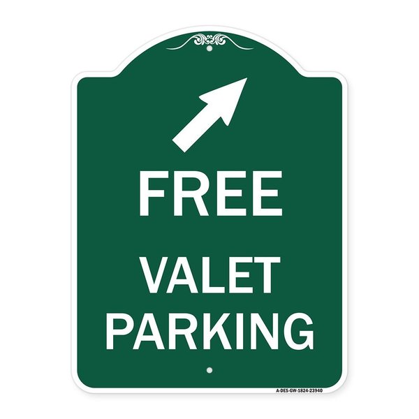 Signmission Free Valet Parking W/ Upper Right Arrow, Green & White Aluminum Sign, 18" x 24", GW-1824-23940 A-DES-GW-1824-23940